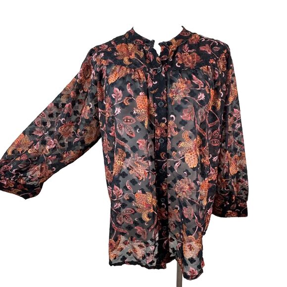 Ophelia Roe Semi Sheer Floral Blouse Women’s M Black Orange Button Front - Picture 3 of 9